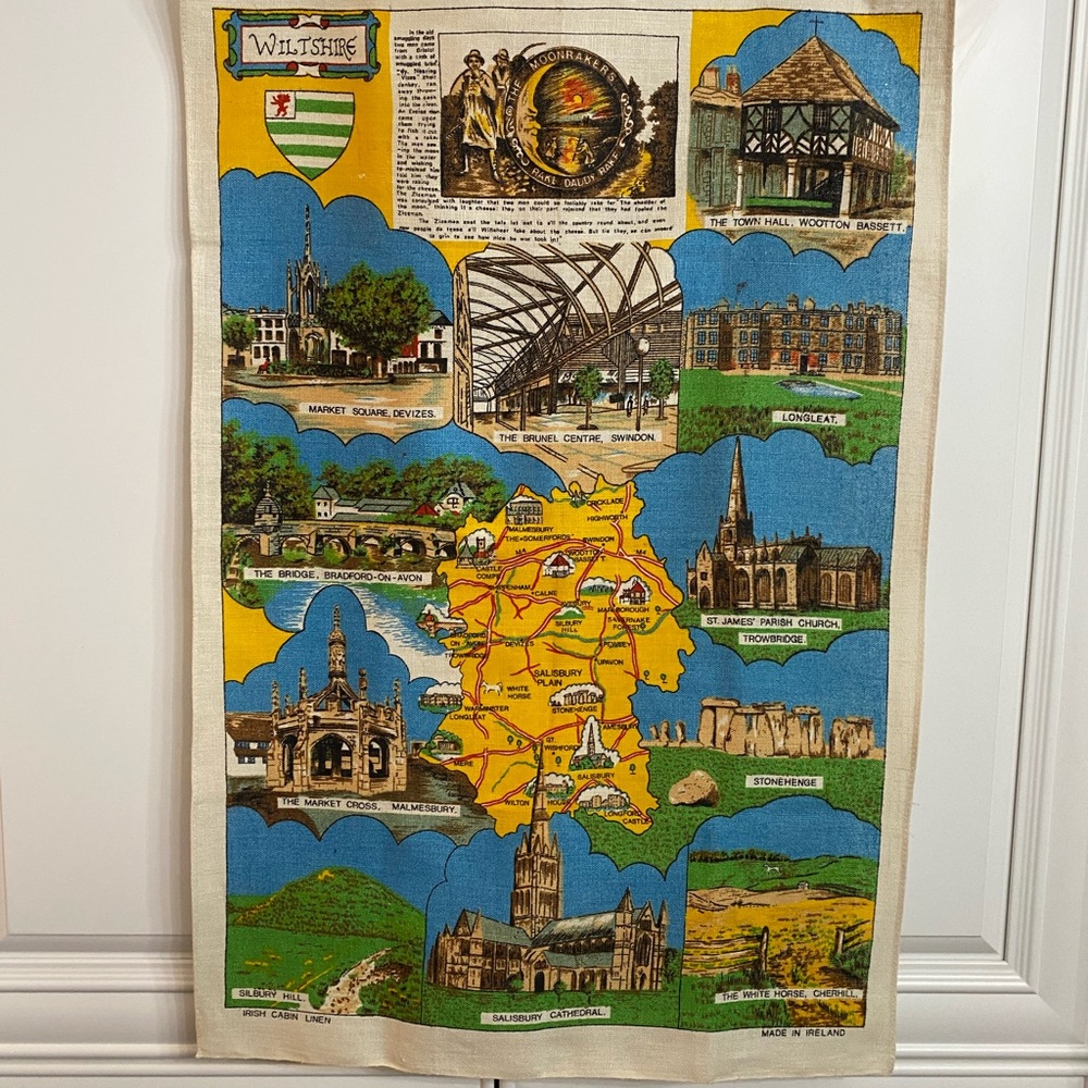 Vtg Ulster of Ireland Linen Souvenir Dish Towel with Wiltshire England Landmarks